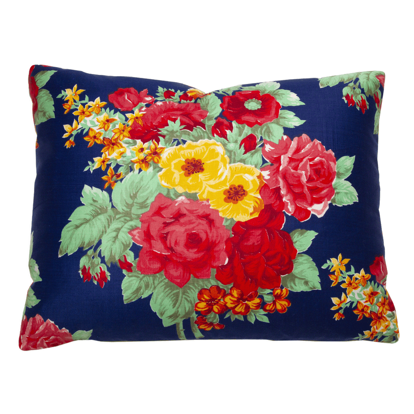 Vintage Russian printed fabric side of Felix Scarlet Rose and Azure ikat pillow, reversible with vintage Russian fabric.