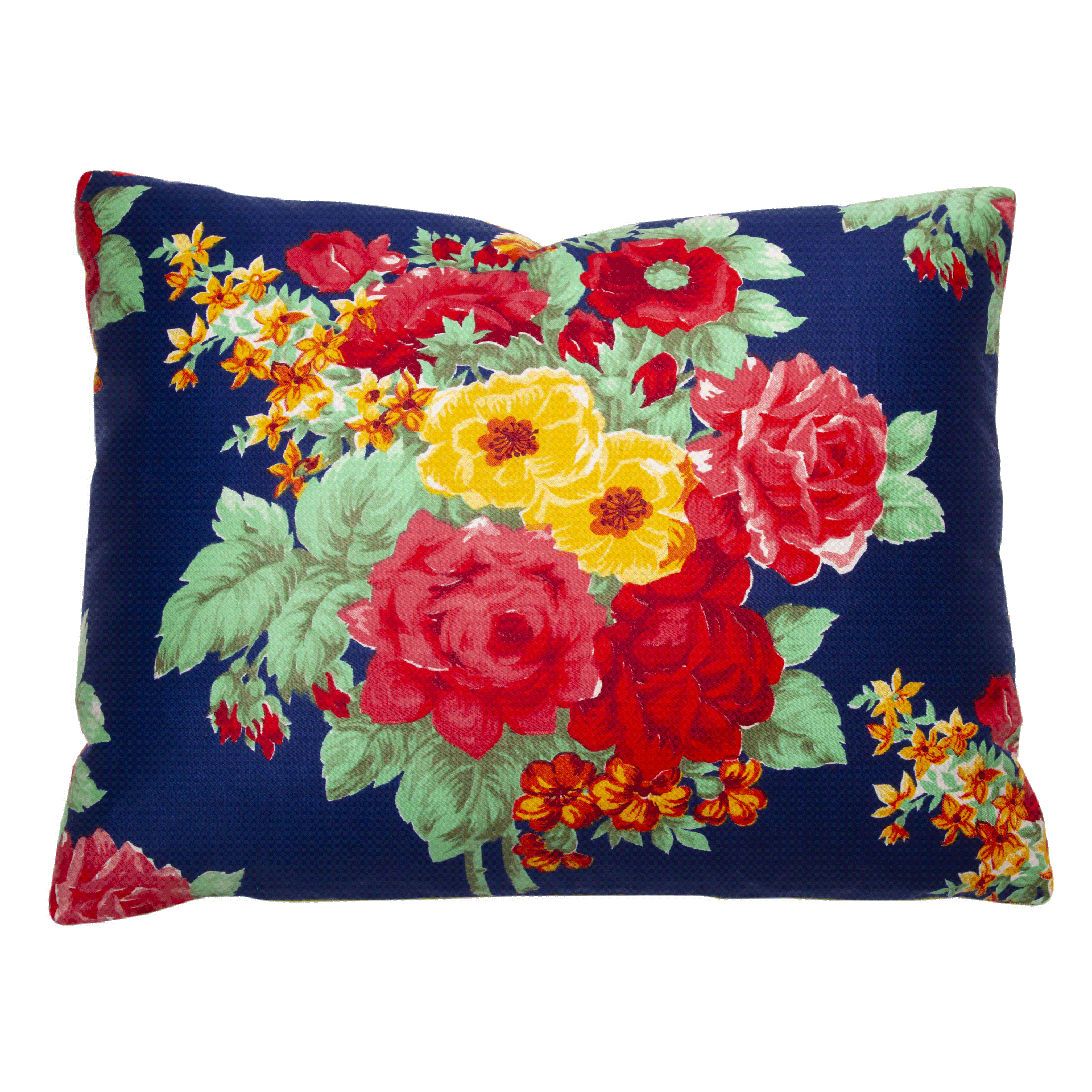 Vintage Russian printed fabric side of Felix Scarlet Rose and Azure ikat pillow, reversible with vintage Russian fabric.