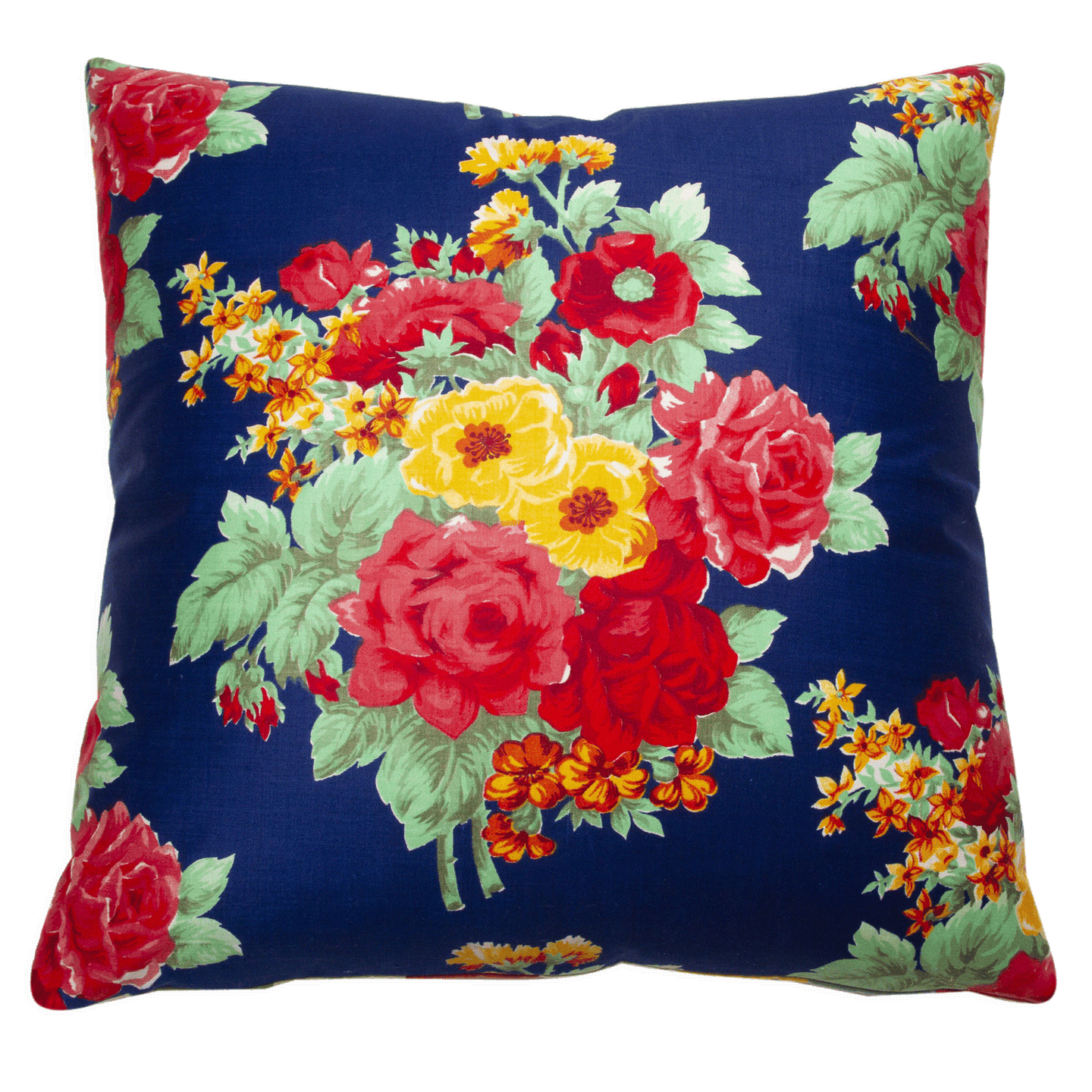 Vintage Russian printed fabric side of Felix Scarlet Rose and Azure ikat pillow, reversible with vintage Russian fabric.