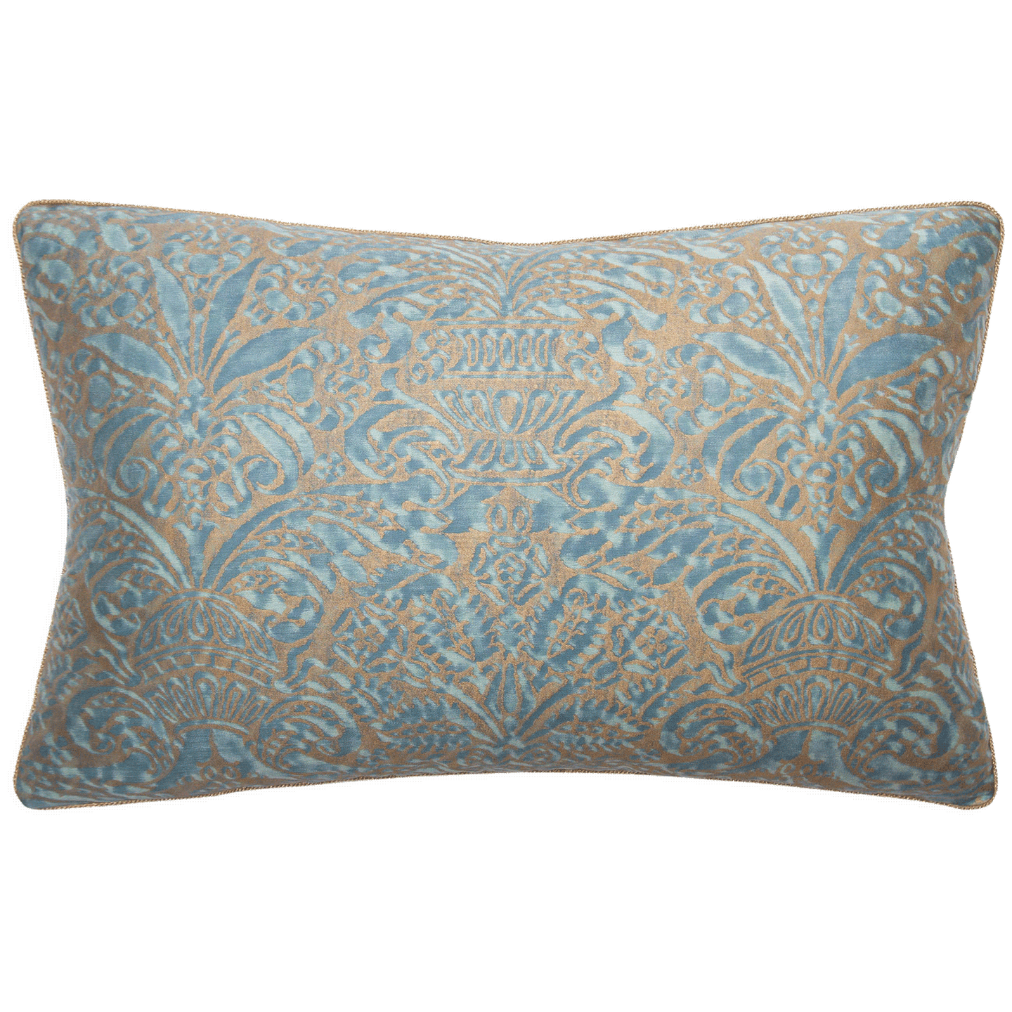 Pillow with Fortuny Campanelle print in silvery gold on aquamarine cotton, backed with aquamarine velvet, size 16x24.