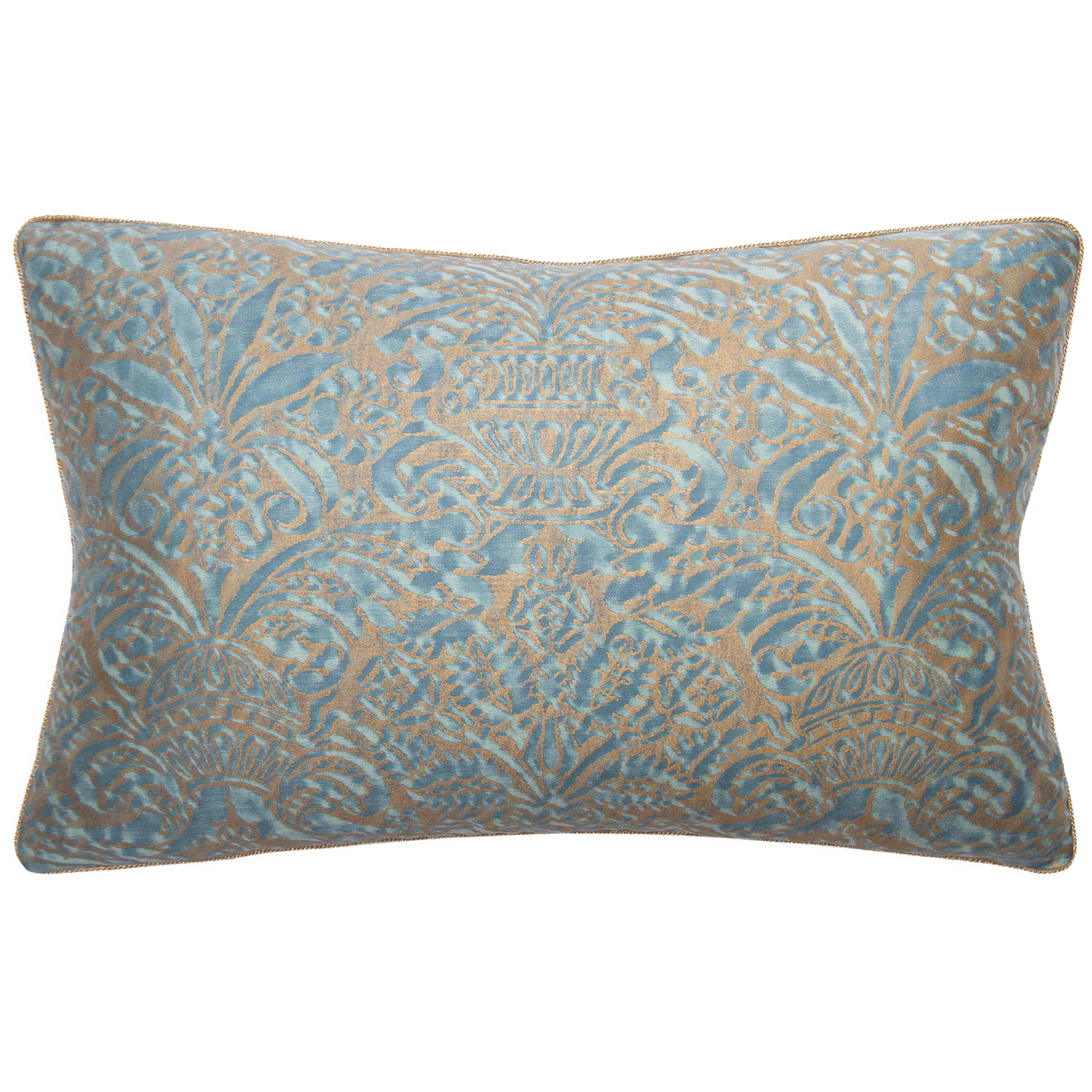 Pillow with Fortuny Campanelle print in silvery gold on aquamarine cotton, backed with aquamarine velvet, size 16x24.