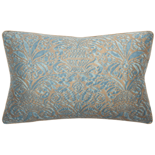 Pillow with Fortuny Campanelle print in silvery gold on aquamarine cotton, backed with aquamarine velvet, size 16x24.