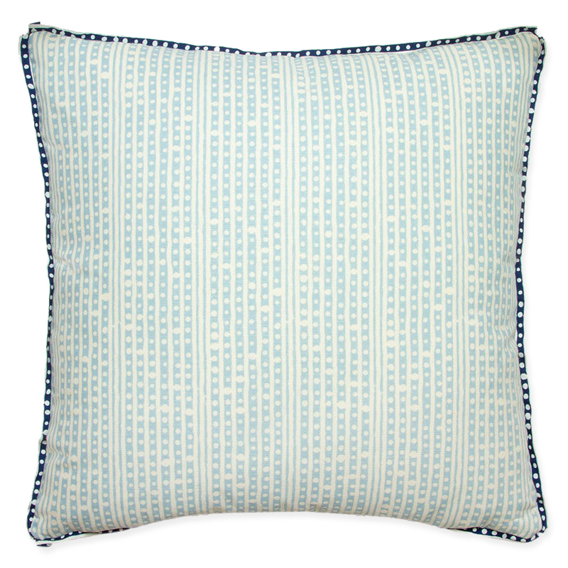 Double-sided Sister Parish Bolero Sky Blue pillow, 20” x 20”, on printed linen with contrast flange and butterfly corners.