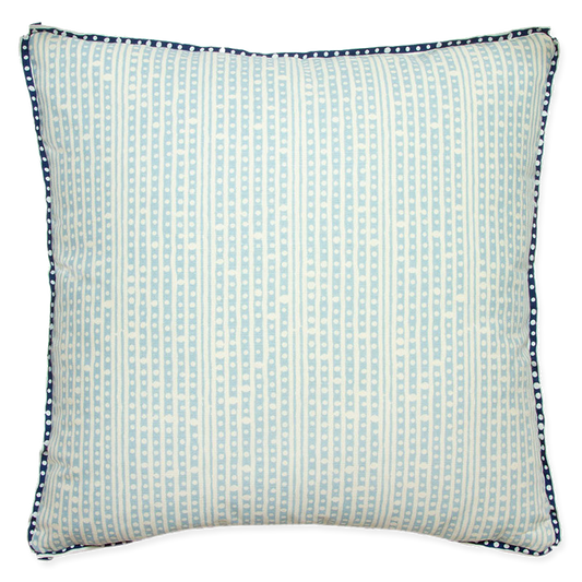 Double-sided Sister Parish Bolero Sky Blue pillow, 20” x 20”, on printed linen with contrast flange and butterfly corners.