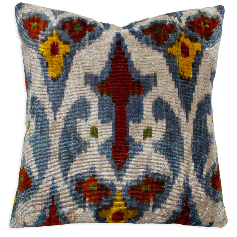 15x16 hand-woven blue silk velvet ikat pillow with saffron, red, and white accents, featuring down/feather insert.