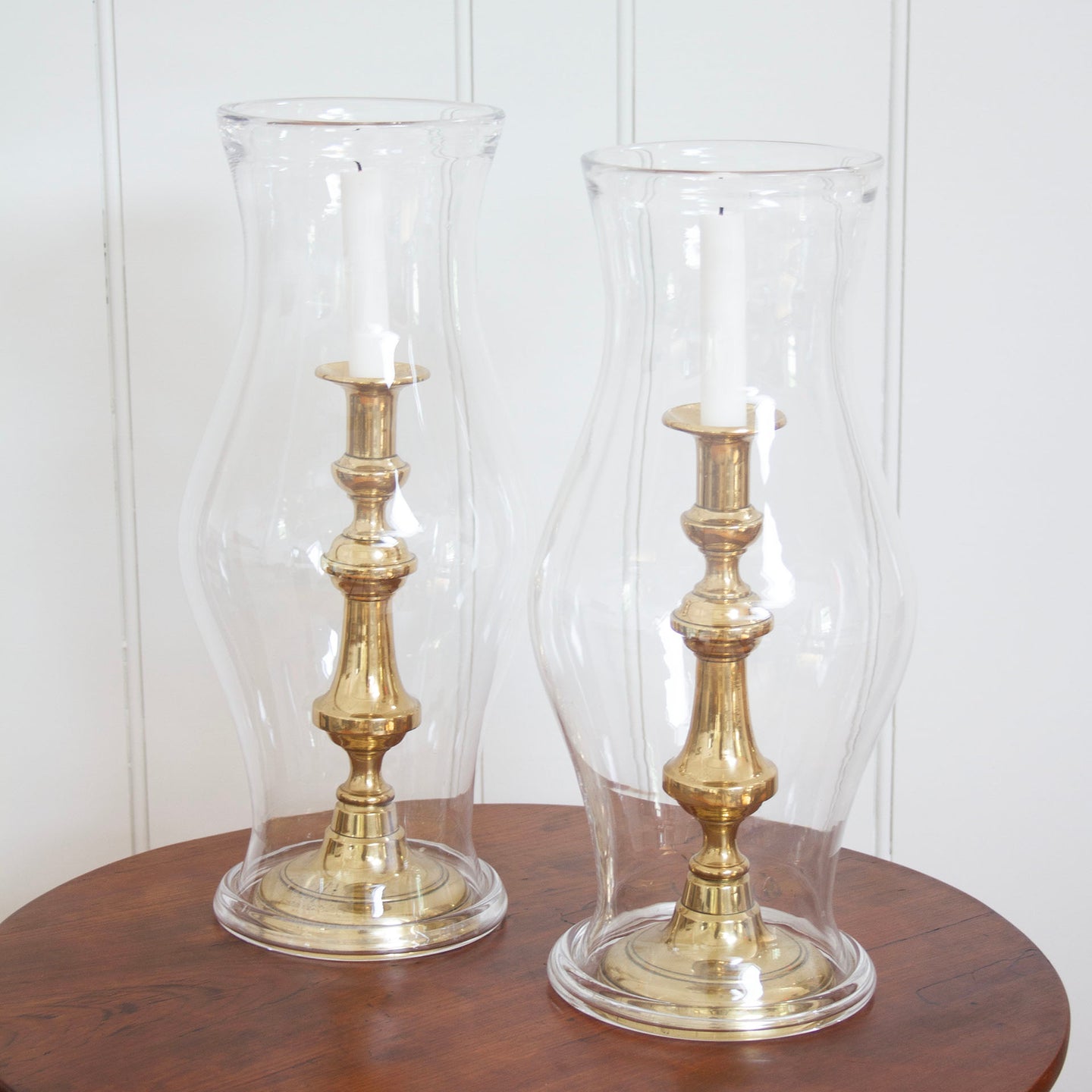 Hand-Blown Glass Hurricanes with Brass Candlesticks