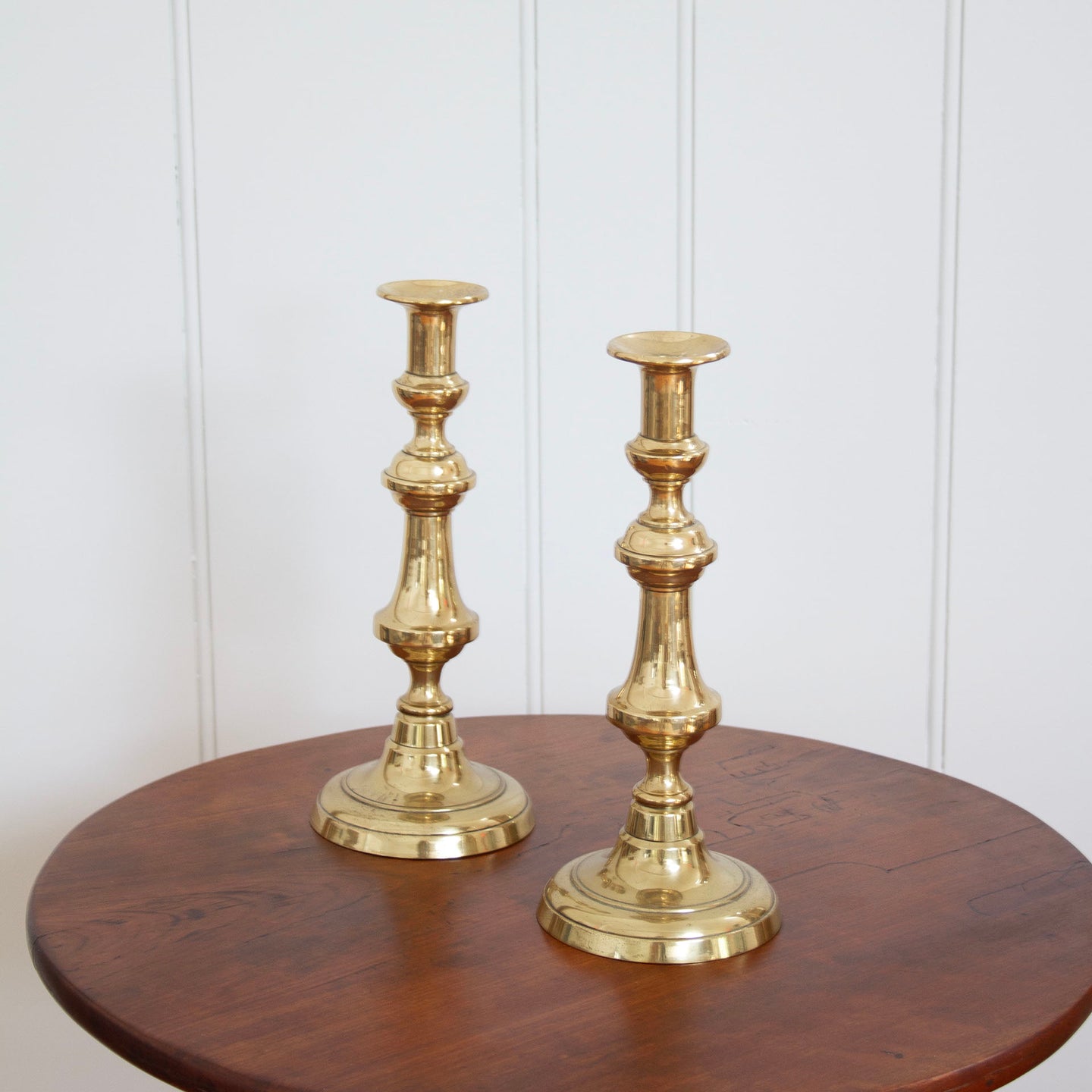 Hand-Blown Glass Hurricanes with Brass Candlesticks