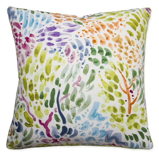 Clarence House Sole pillows with watercolor strokes, abstract trees, in cotton/linen or stain-resistant fabric, 20 x 20 inches.