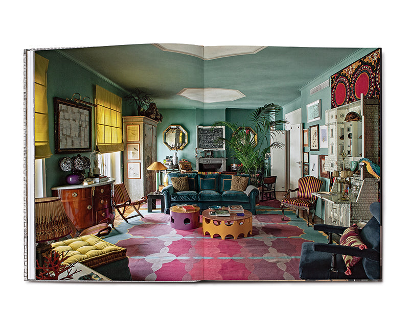 Living room in “Inside Milan” featuring colorful, creative Italian interiors captured by Guido Taroni, 9.25” x 12” in size.