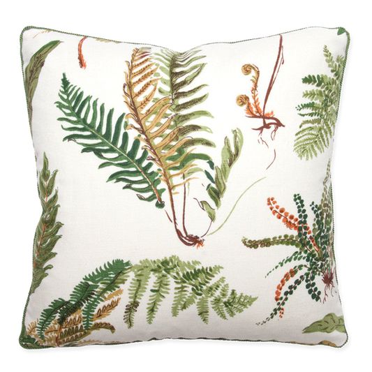 “Les Fougeres” pillow cover with fern-leaf design in green on ivory 50% cotton/50% linen, trimmed with spring green cord.