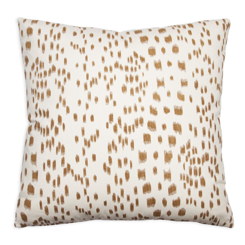 Les Touches abstract animal print pillow in tan on ivory cotton, with knife-edge finishing.