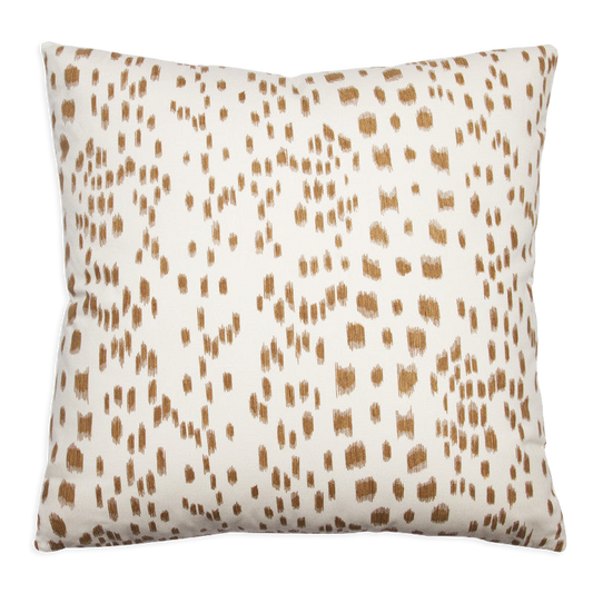 Les Touches abstract animal print pillow in tan on ivory cotton, with knife-edge finishing.