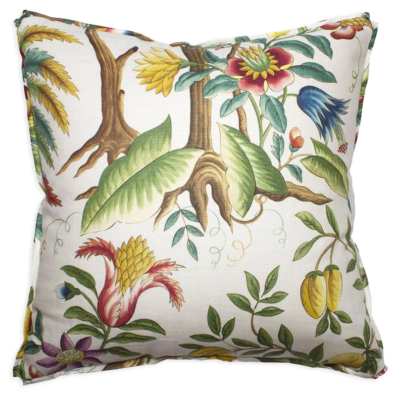 Painterly flora and fauna print on oyster linen pillow, double-sided with 3/8” self-flange and butterfly corners.