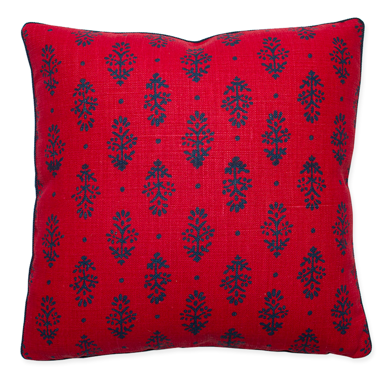 10x16 and 14x24 pillows with indigo flower motif on red linen, indigo cord trim, and backing. 80% down/20% feather insert.