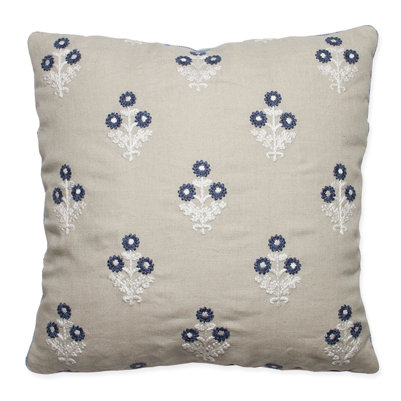 Indigo and white embroidered flowers on natural linen, 1/8” delphinium cord, double-sided, 80% down insert, hidden zipper.