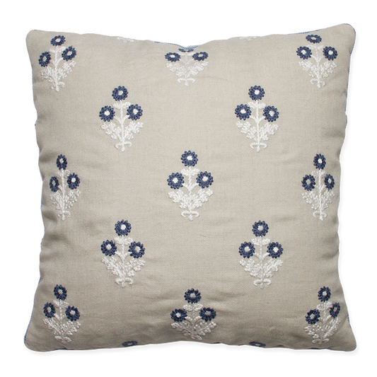 Indigo and white embroidered flowers on natural linen, 1/8” delphinium cord, double-sided, 80% down insert, hidden zipper.