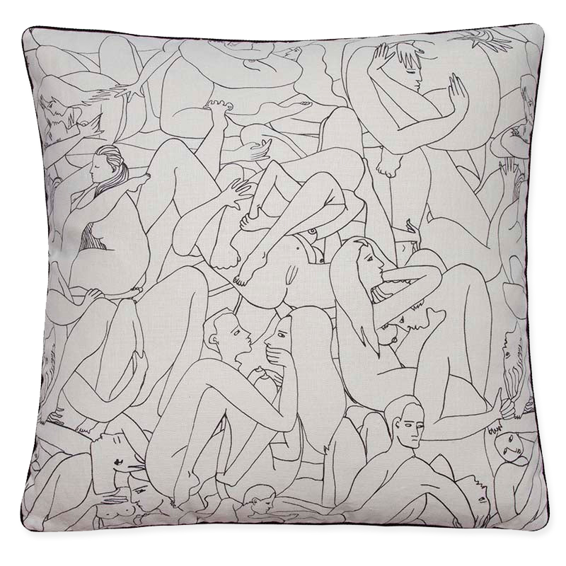 Pierre Frey ‘Le Couple’ pillow with entwined bodies print on linen, black cord trim, and 80% down insert, 20% feather.