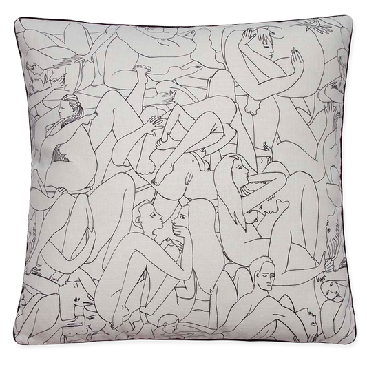 Pierre Frey ‘Le Couple’ pillow with entwined bodies print on linen, black cord trim, and 80% down insert, 20% feather.