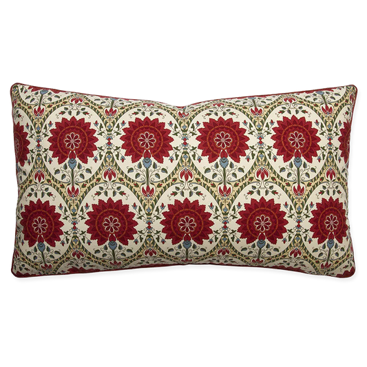 Double-sided pillow in Indiennes style, 14x24, with Pompeian Red cord, printed on 100% cotton, invisible zipper included.