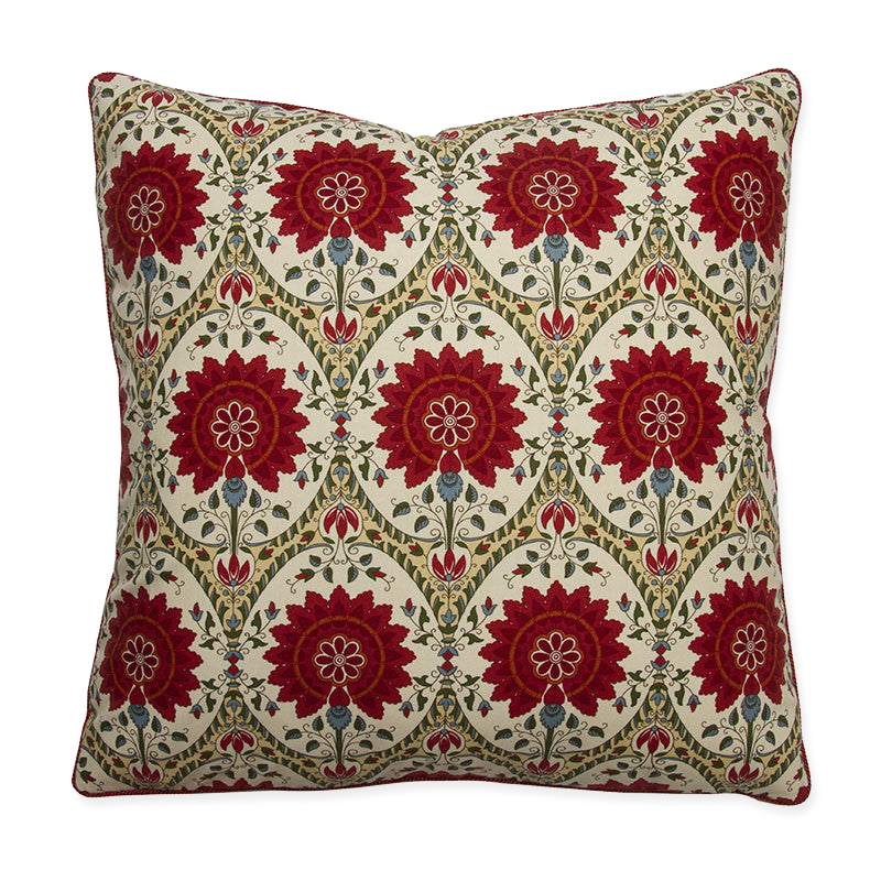 Double-sided cotton pillow with iconic Indiennes style print, 20x20, braided red cord, lined in cotton, invisible zipper.