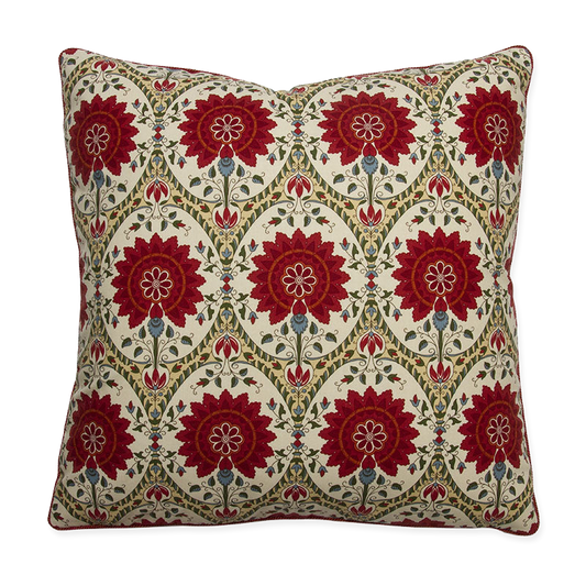 Double-sided cotton pillow with iconic Indiennes style print, 20x20, braided red cord, lined in cotton, invisible zipper.