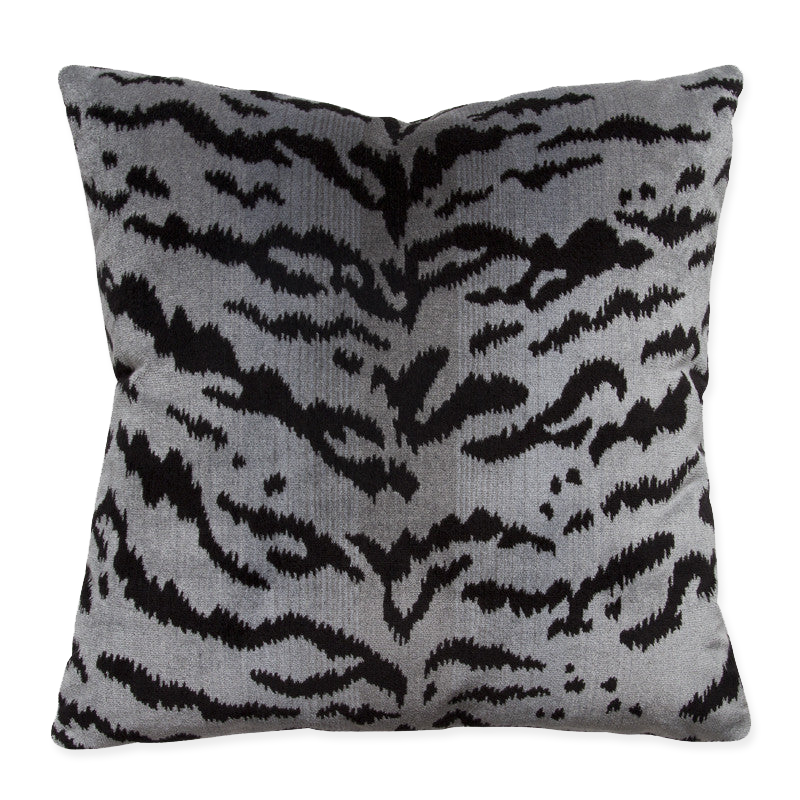 Scalamandre Silver Tiger Velvet pillow featuring a luxurious tiger print in silvery gray-blue hues with solid black stripes.