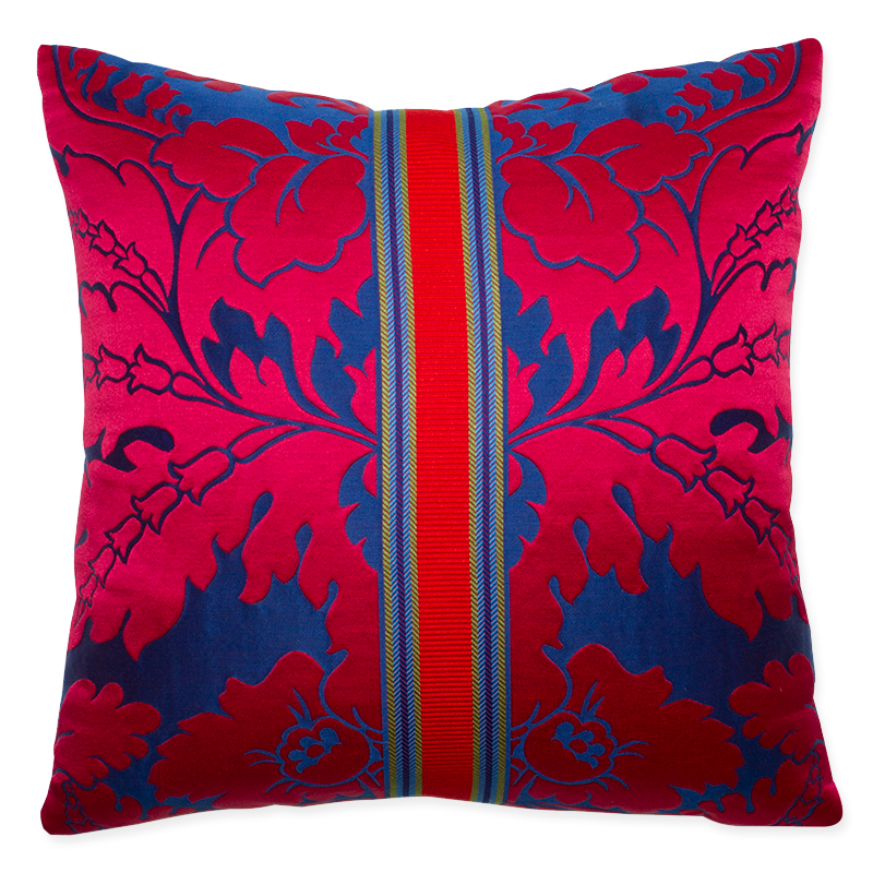 Clarence House Urbino pillow, 20x20 inches, silk blend in raspberry, ultramarine, lime green stripes, double-sided design.