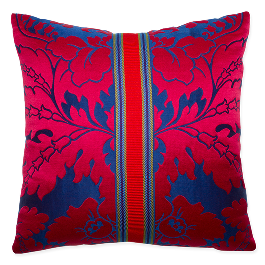 Clarence House Urbino pillow, 20x20 inches, silk blend in raspberry, ultramarine, lime green stripes, double-sided design.