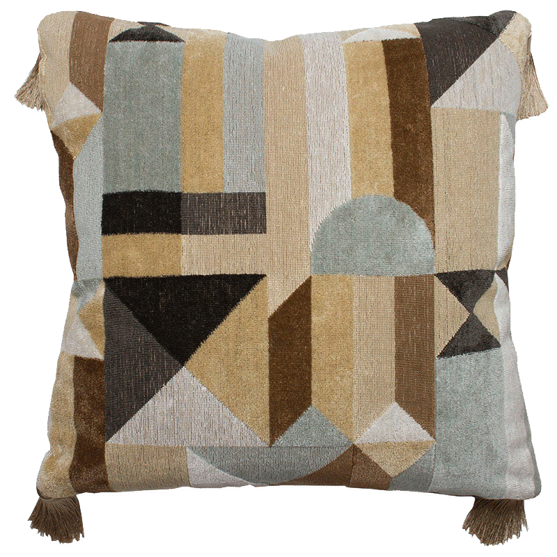 Clarence House Weimar linen velvet pillow with geometric art deco design in neutral tones, 80% down insert, 20% feather.