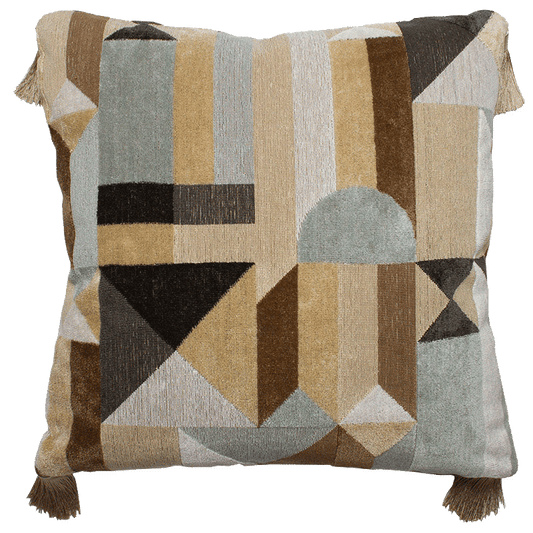 Clarence House Weimar linen velvet pillow with geometric art deco design in neutral tones, 80% down insert, 20% feather.