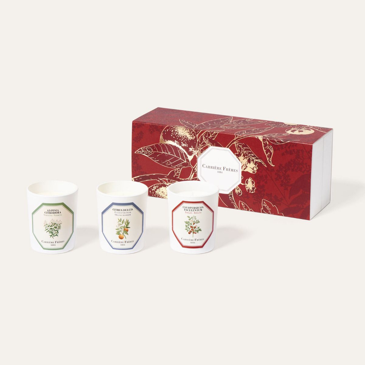 Carrière Frères Golden Gift Set, red and gold box with three candles: Tomato, Orange Blossom, Verbena, 6.5 oz each.