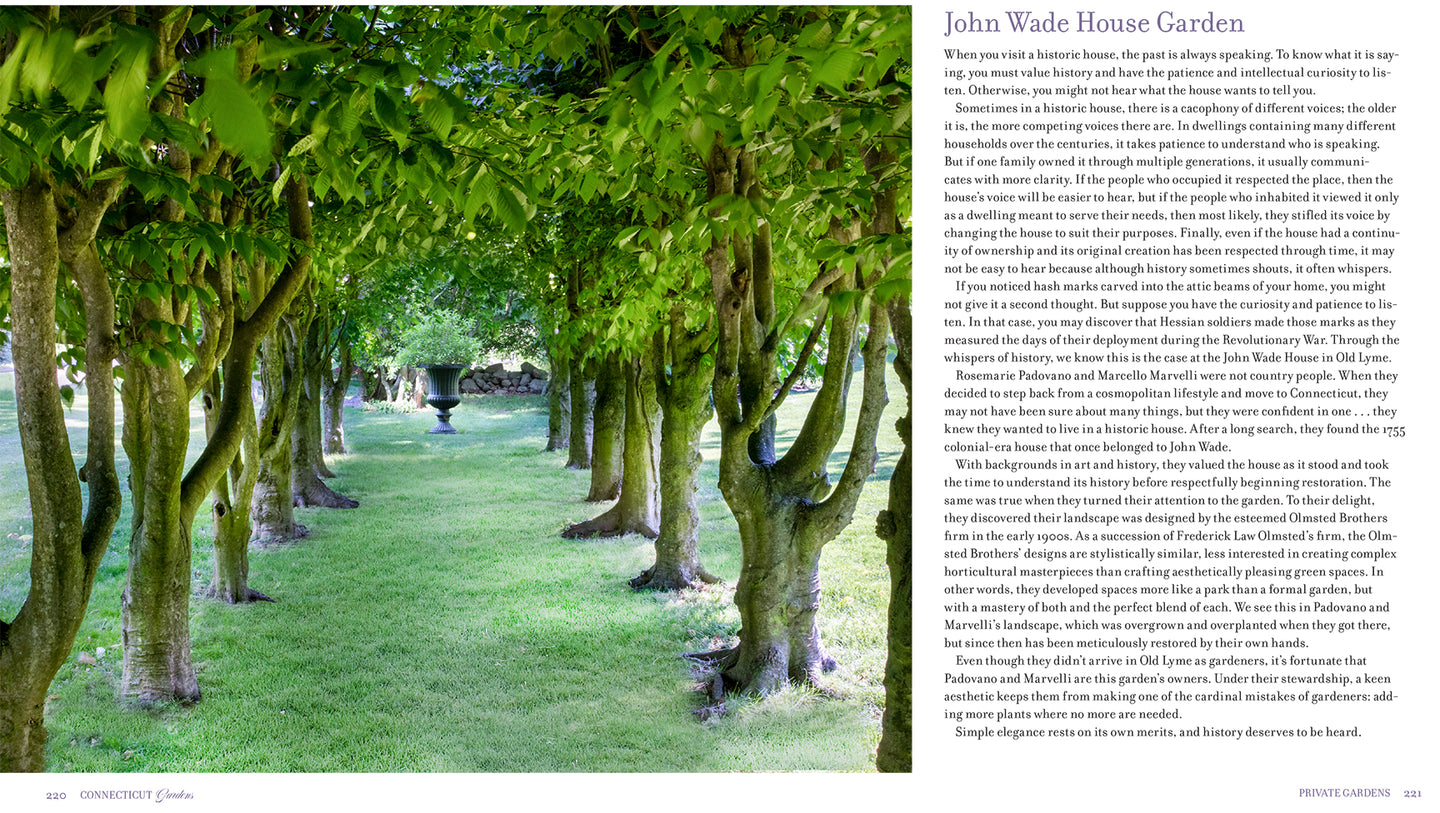 Page 220 of Connecticut Gardens book featuring lush photography and stories of the state’s historic, public, and private gardens.