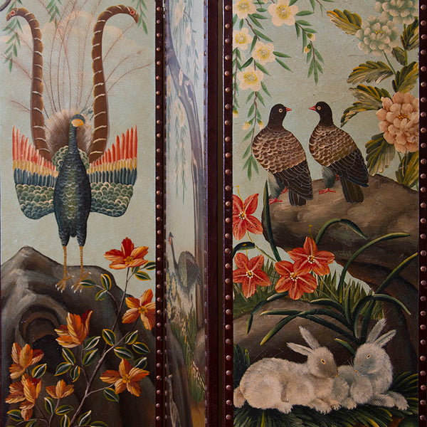 19th Century Hand-Painted Flora and Fauna Screen