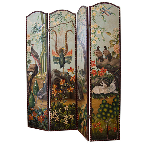 19th Century Hand-Painted Flora and Fauna Screen