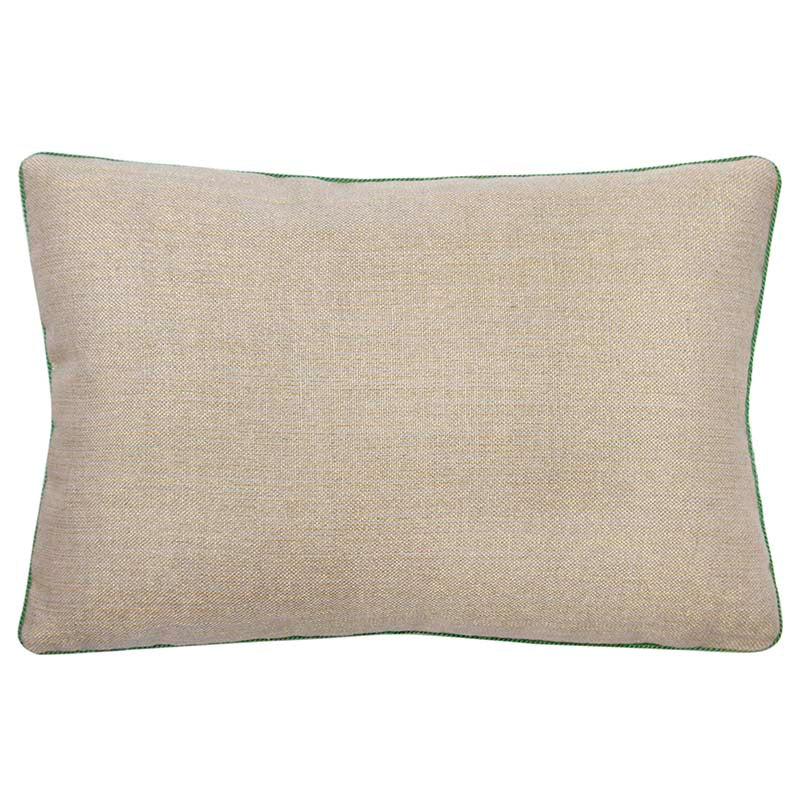 Pillow back in oatmeal linen with woven gold metallic thread, creating a subtle shimmer, adding texture and elegance.