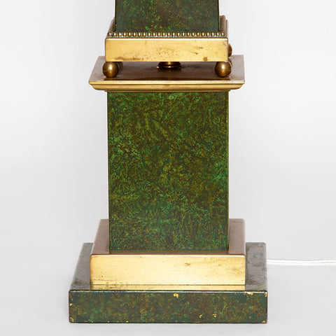 Pair of Faux-Marble Painted Brass Obelisk Lamps