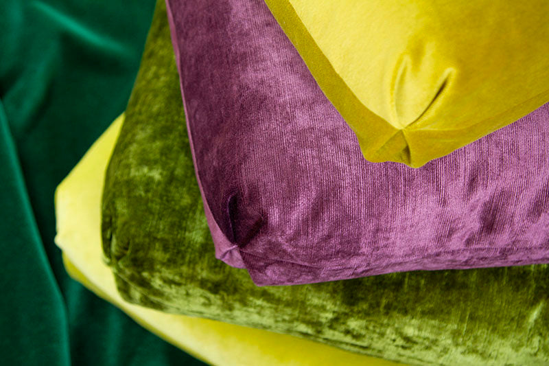 Turkish corner detail on double-sided pillows in high pile, crushed bay leaf velvet with blind seams.