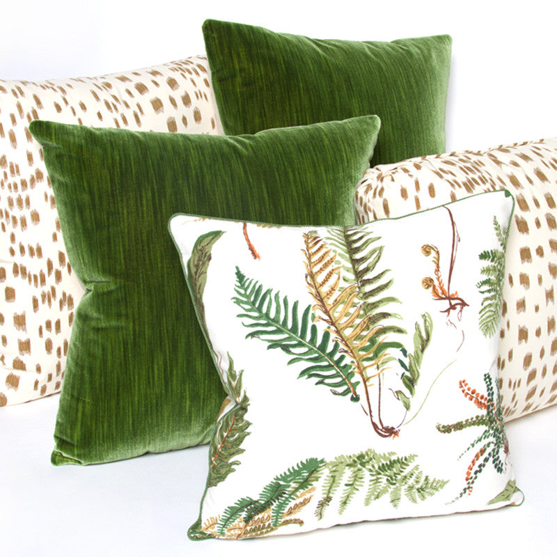 “Les Fougeres” pillow cover with fern-leaf design in green on ivory 50% cotton/50% linen, trimmed with spring green cord with other pillows.