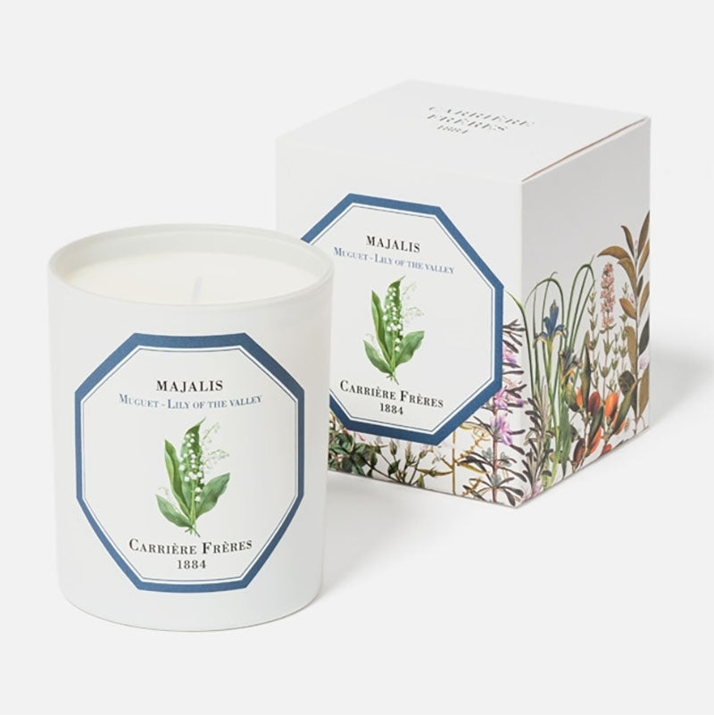 Carrière Frères Lily of the Valley Candle and box, 6.5 oz, 45-50 hour burn time, in a 3.5” H x 3” D glass jar. Made in France.