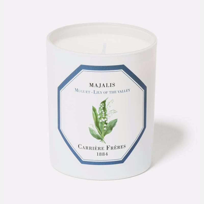 Carrière Frères Lily of the Valley Candle, 6.5 oz, 45-50 hour burn time, in a 3.5” H x 3” D glass jar. Made in France.