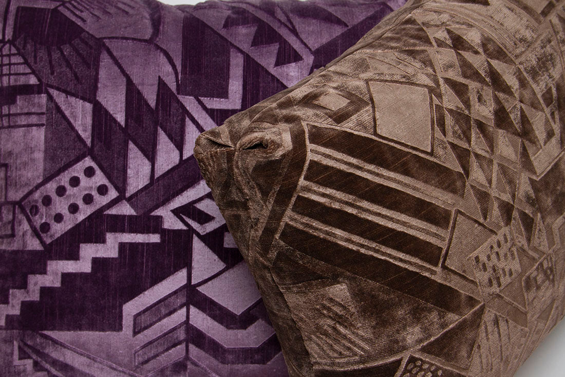 Chocolate velvet pillow with embossed Art Deco geometric pattern. Rich brown tones, blind seams, Turkish corner details.