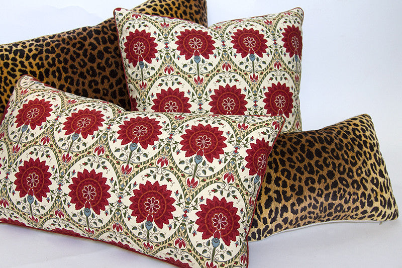 Double-sided pillow in Indiennes style, 14x24, with Pompeian Red cord, printed on 100% cotton with other pillows.