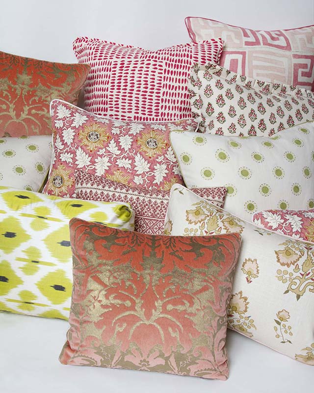 22” x 22” pillow featuring pink tiled dashes on linen/cotton fabric with self-flange trim and an invisible zipper with other pillows.