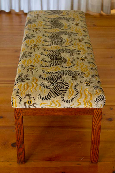 Oak Bench Upholstered in Clarence House 'Tibet' in Mustard