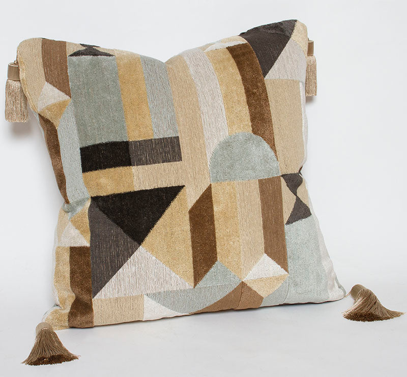 Clarence House Weimar linen velvet pillow with geometric art deco design in neutral tones, 80% down insert, 20% feather.