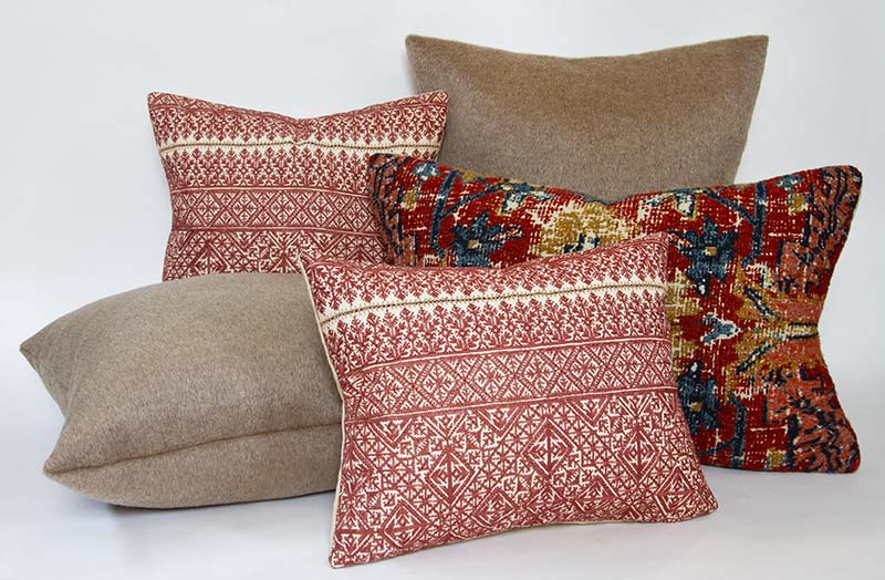 Blush embroidered Moroccan Fez pillow on cotton, 10” x 16”, 14” x 17”, or 17” x 25”, with Belgian linen back with other pillows.