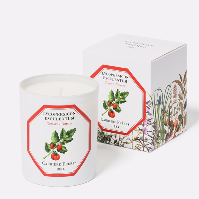 Carrière Frères Tomato Candle with box, 6.5 oz, with 45-50 hour burn time, in a 3.5” H x 3” D glass jar. Crafted in France.